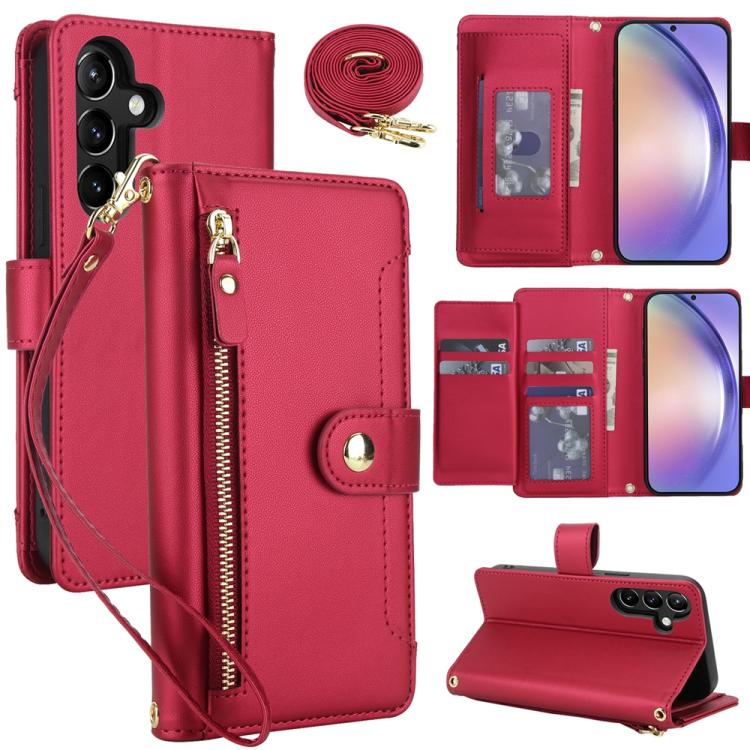 

For Samsung Galaxy A54 5G Seven Card Slots Zipper Wallet Leather Phone Case with Lanyard(Red)