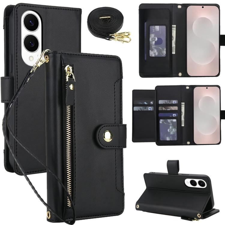 

For Samsung Galaxy S25 Edge 5G Seven Card Slots Zipper Wallet Leather Phone Case with Lanyard(Black)
