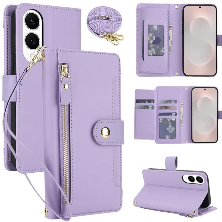 

For Samsung Galaxy S25 Edge 5G Seven Card Slots Zipper Wallet Leather Phone Case with Lanyard(Light Purple)