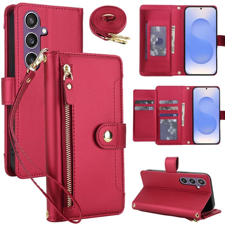 

For Samsung Galaxy S25+ 5G / S24+ 5G Seven Card Slots Zipper Wallet Leather Phone Case with Lanyard(Red)
