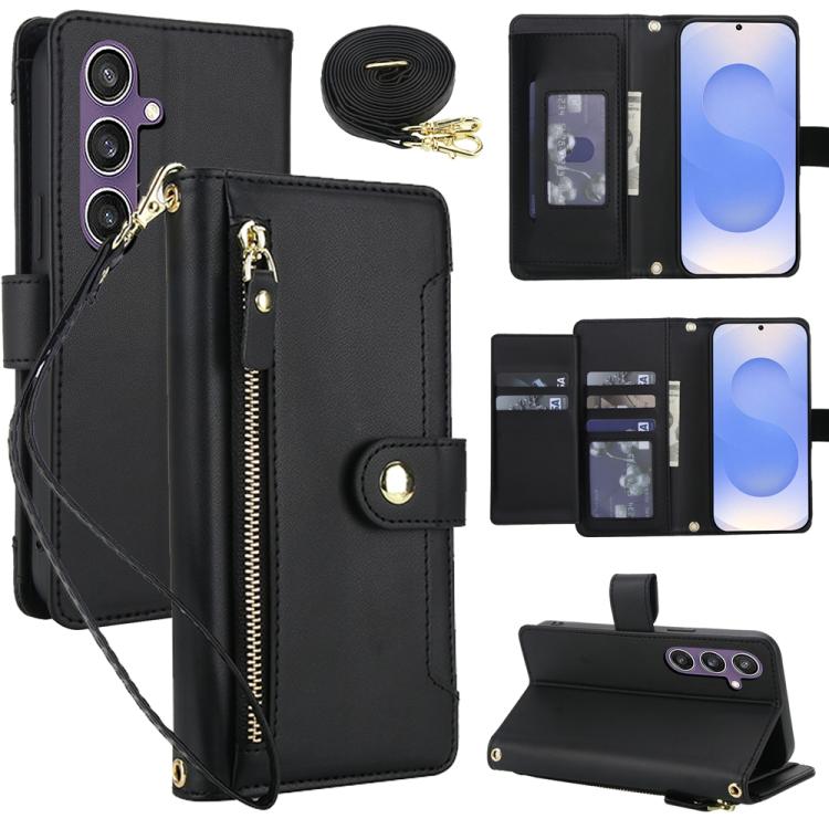 

For Samsung Galaxy S25 5G / S24 5G Seven Card Slots Zipper Wallet Leather Phone Case with Lanyard(Black)