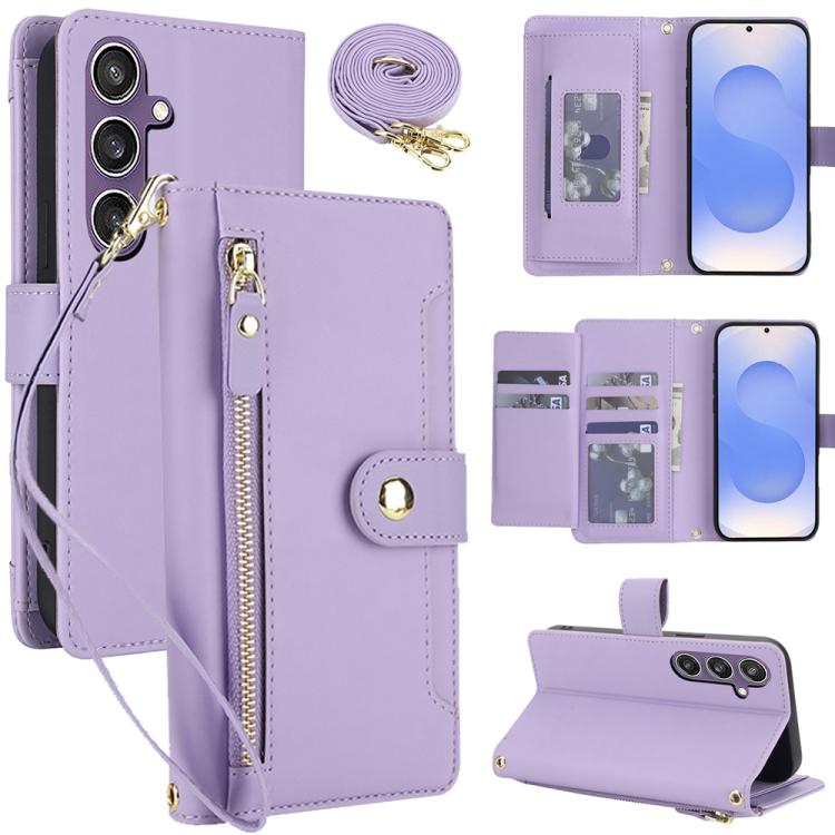 

For Samsung Galaxy S25 5G / S24 5G Seven Card Slots Zipper Wallet Leather Phone Case with Lanyard(Light Purple)