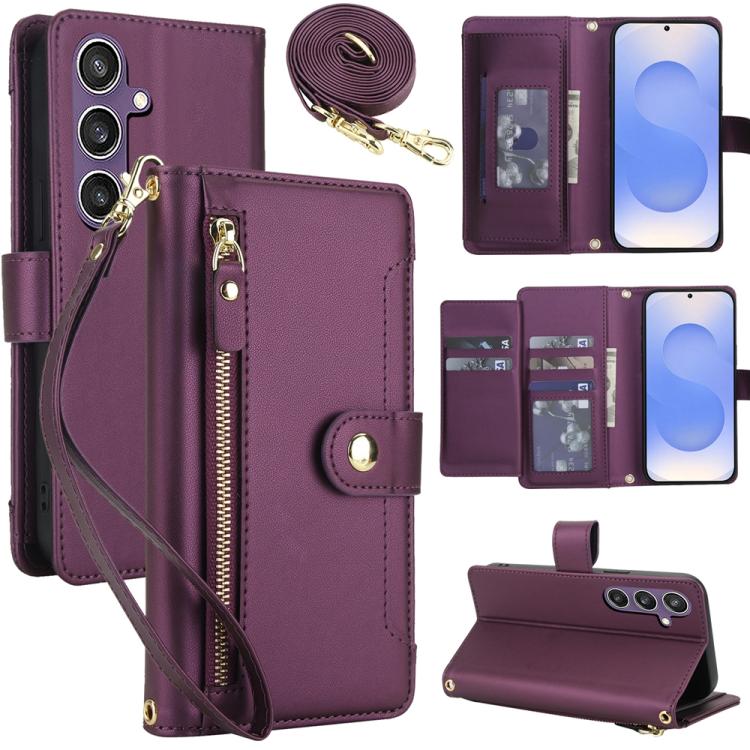 

For Samsung Galaxy S25 5G / S24 5G Seven Card Slots Zipper Wallet Leather Phone Case with Lanyard(Dark Purple)