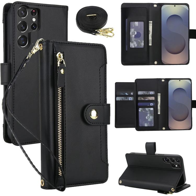 

For Samsung Galaxy S24 Ultra 5G Seven Card Slots Zipper Wallet Leather Phone Case with Lanyard(Black)