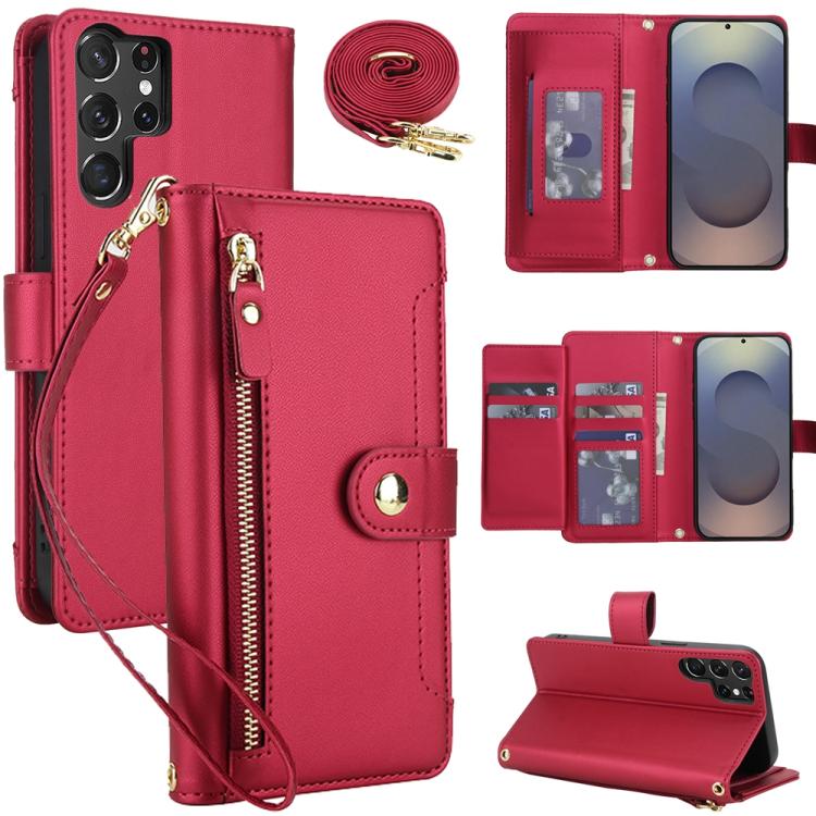 

For Samsung Galaxy S24 Ultra 5G Seven Card Slots Zipper Wallet Leather Phone Case with Lanyard(Red)
