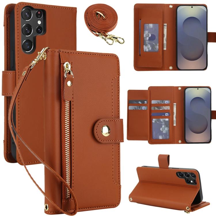 

For Samsung Galaxy S24 Ultra 5G Seven Card Slots Zipper Wallet Leather Phone Case with Lanyard(Brown)