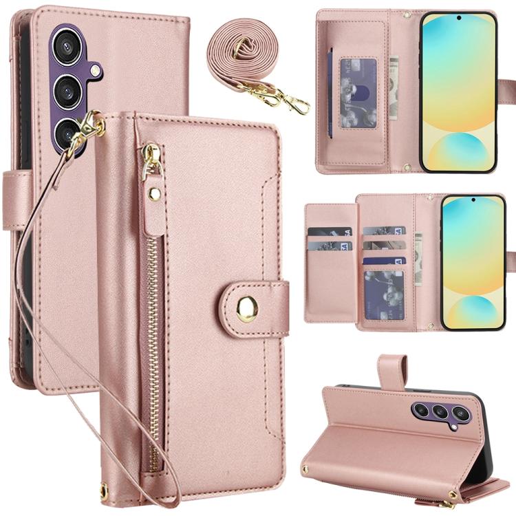 

For Samsung Galaxy S24 FE 5G Seven Card Slots Zipper Wallet Leather Phone Case with Lanyard(Rose Gold)
