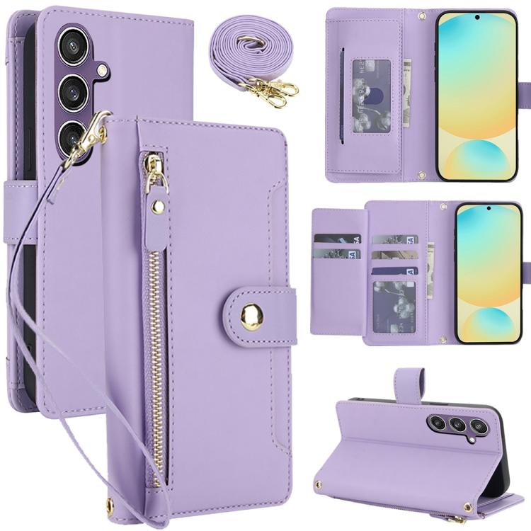 

For Samsung Galaxy S24 FE 5G Seven Card Slots Zipper Wallet Leather Phone Case with Lanyard(Light Purple)