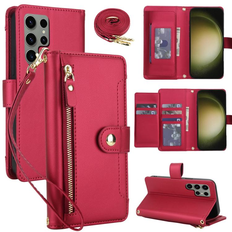

For Samsung Galaxy S23 Ultra 5G Seven Card Slots Zipper Wallet Leather Phone Case with Lanyard(Red)