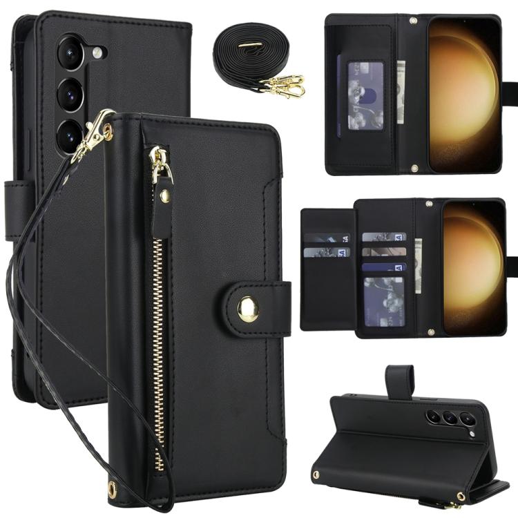 

For Samsung Galaxy S23 5G Seven Card Slots Zipper Wallet Leather Phone Case with Lanyard(Black)