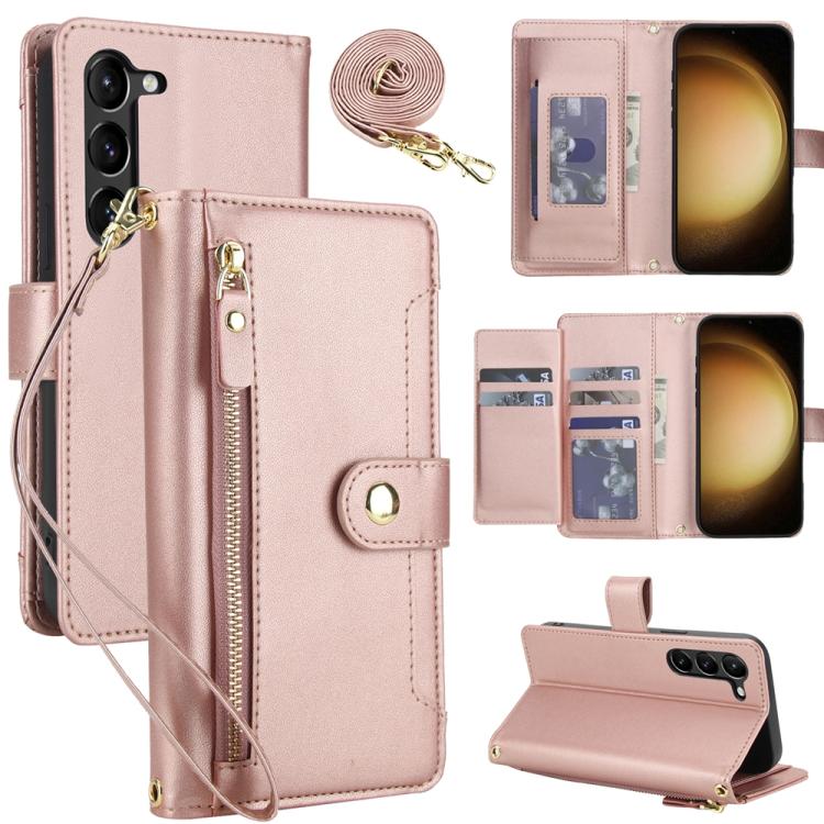 

For Samsung Galaxy S23 5G Seven Card Slots Zipper Wallet Leather Phone Case with Lanyard(Rose Gold)