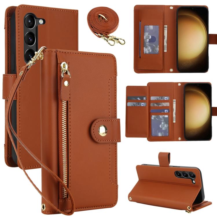 

For Samsung Galaxy S23 5G Seven Card Slots Zipper Wallet Leather Phone Case with Lanyard(Brown)