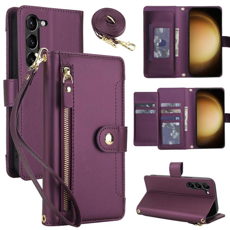 

For Samsung Galaxy S23+ 5G Seven Card Slots Zipper Wallet Leather Phone Case with Lanyard(Dark Purple)