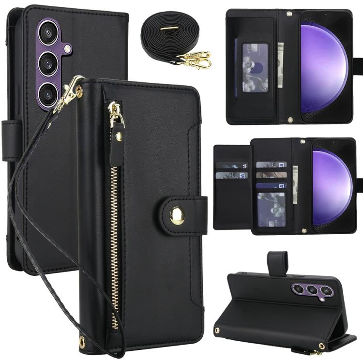 

For Samsung Galaxy S23 FE 5G Seven Card Slots Zipper Wallet Leather Phone Case with Lanyard(Black)