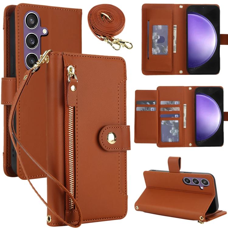 

For Samsung Galaxy S23 FE 5G Seven Card Slots Zipper Wallet Leather Phone Case with Lanyard(Brown)