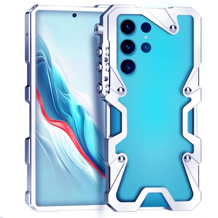 

For Samsung Galaxy S25 Ultra 5G Trigger Design Hollow Metal Frame Phone Case with Lanyard(Silver)