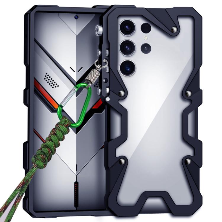 

For Samsung Galaxy S24 Ultra 5G Trigger Design Hollow Metal Frame Phone Case with Lanyard(Black)