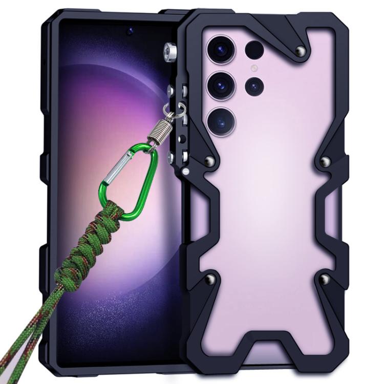 

For Samsung Galaxy S23 Ultra 5G Trigger Design Hollow Metal Frame Phone Case with Lanyard(Black)