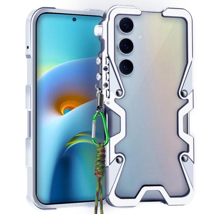 

For Samsung Galaxy S24 FE 5G Trigger Design Hollow Metal Frame Phone Case with Lanyard(Silver)