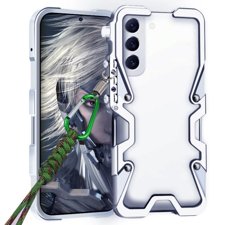 

For Samsung Galaxy S22+ 5G Trigger Design Hollow Metal Frame Phone Case with Lanyard(Silver)