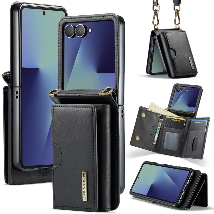 

For Samsung Galaxy Z Flip7 5G DG.MING M6 Series RFID Tri-fold Card Bag Removable Leather Phone Case with Long Lanyard(Black)
