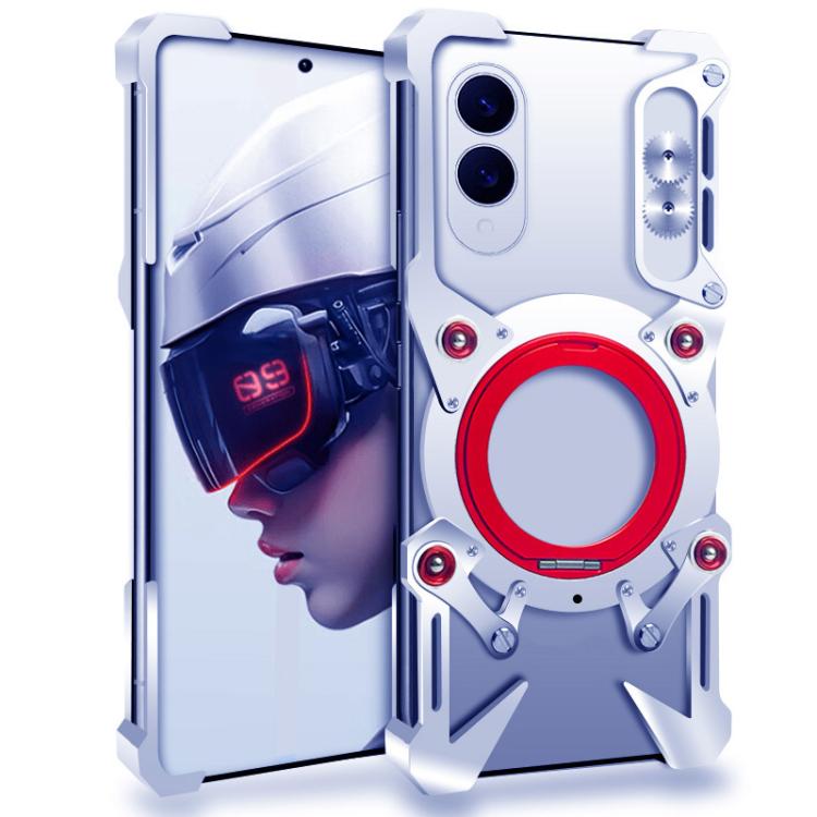

For Samsung Galaxy S25 Edge 5G Rotating Bracket Hollow Metal Phone Case with Lanyard(Silver)