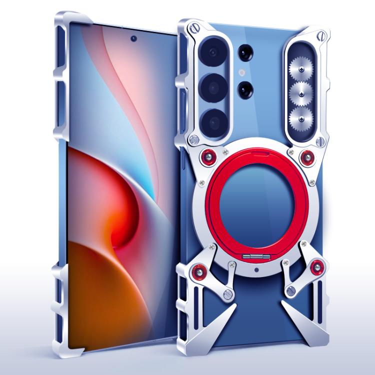 

For Samsung Galaxy S25 Ultra 5G Rotating Bracket Hollow Metal Phone Case with Lanyard(Silver)