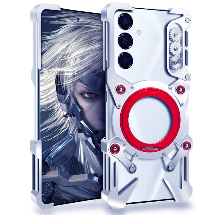 

For Samsung Galaxy S24 FE 5G Rotating Bracket Hollow Metal Phone Case with Lanyard(Silver)