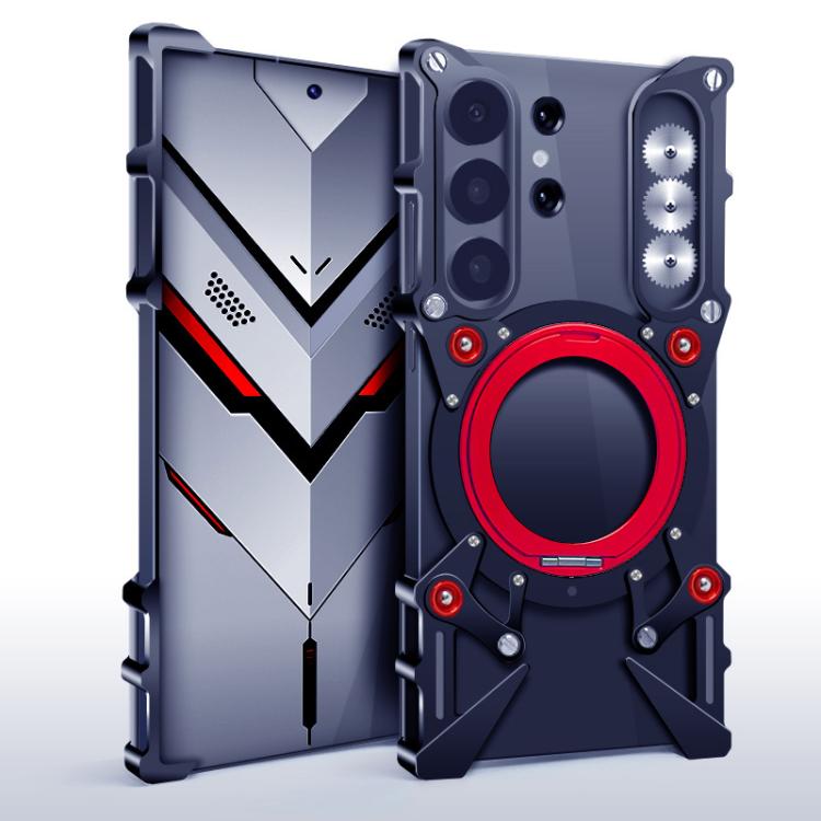 

For Samsung Galaxy S24 Ultra 5G Rotating Bracket Hollow Metal Phone Case with Lanyard(Black)