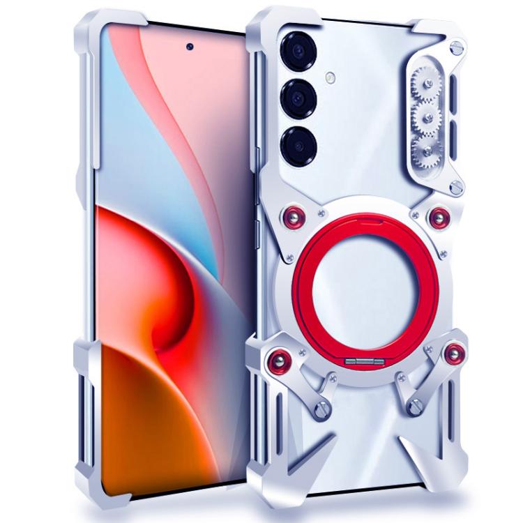 

For Samsung Galaxy S24+ 5G Rotating Bracket Hollow Metal Phone Case with Lanyard(Silver)