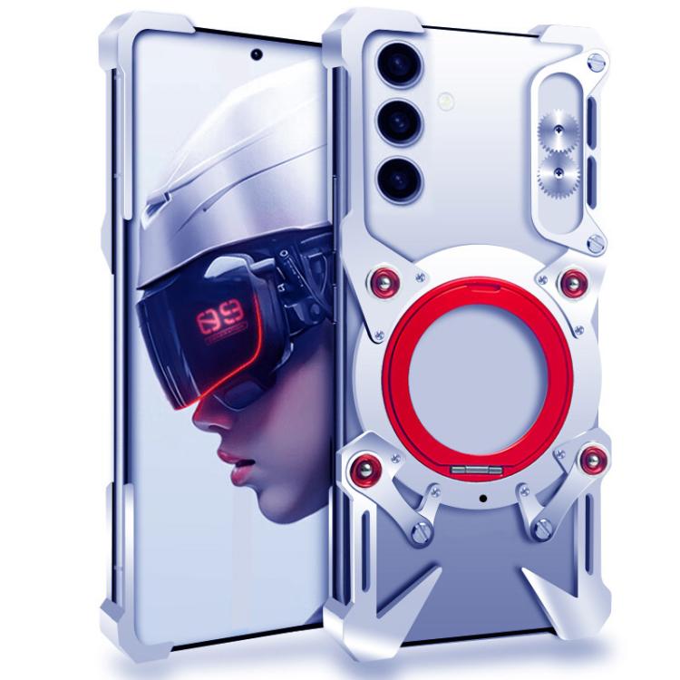 

For Samsung Galaxy S24 5G Rotating Bracket Hollow Metal Phone Case with Lanyard(Silver)