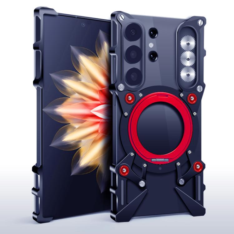 

For Samsung Galaxy S23 Ultra 5G Rotating Bracket Hollow Metal Phone Case with Lanyard(Black)