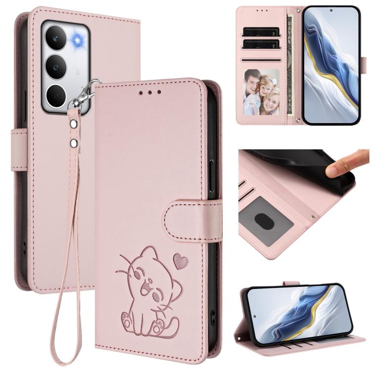 

For Realme C71 4G Global Embossed Heart Cat Leather Phone Case with Hand Strap(Pink)