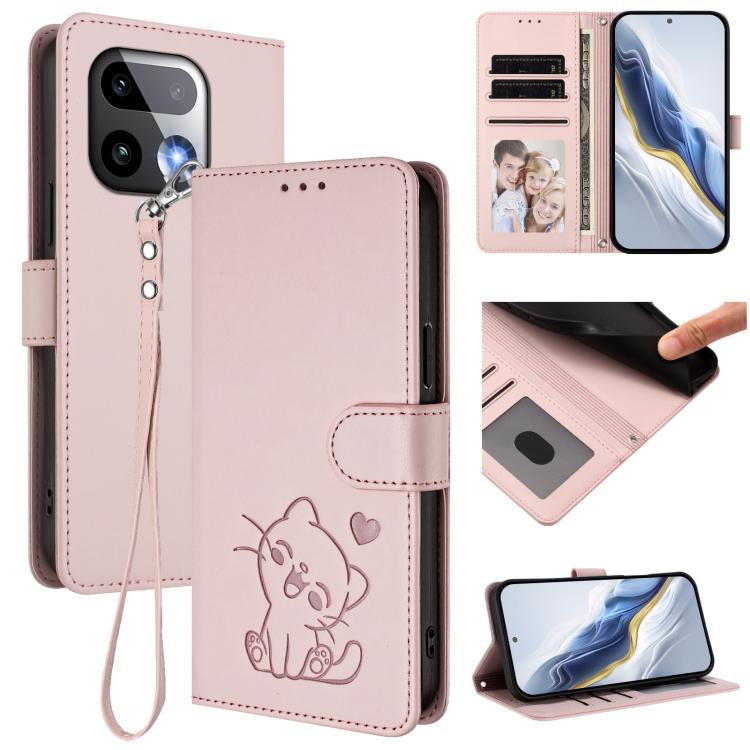 

For Realme 16 Pro+ 5G Embossed Heart Cat Leather Phone Case with Hand Strap(Pink)