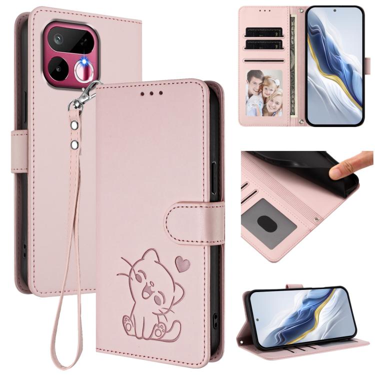 For Realme 16T 5G Embossed Heart Cat Leather Phone Case with Hand Strap(Pink)
