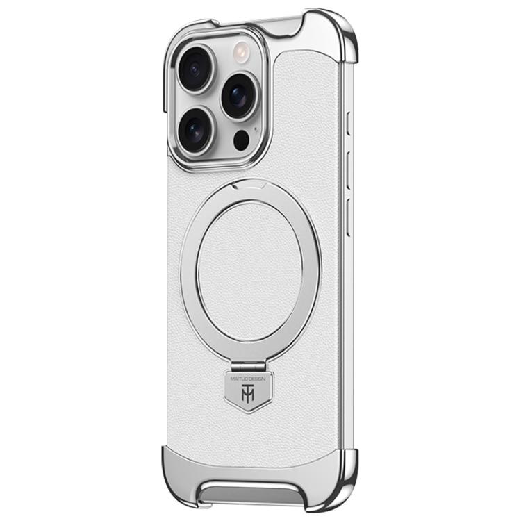 

For iPhone 16 Pro Borderless MagSafe Ring Holder Plain Leather Phone Case(White)