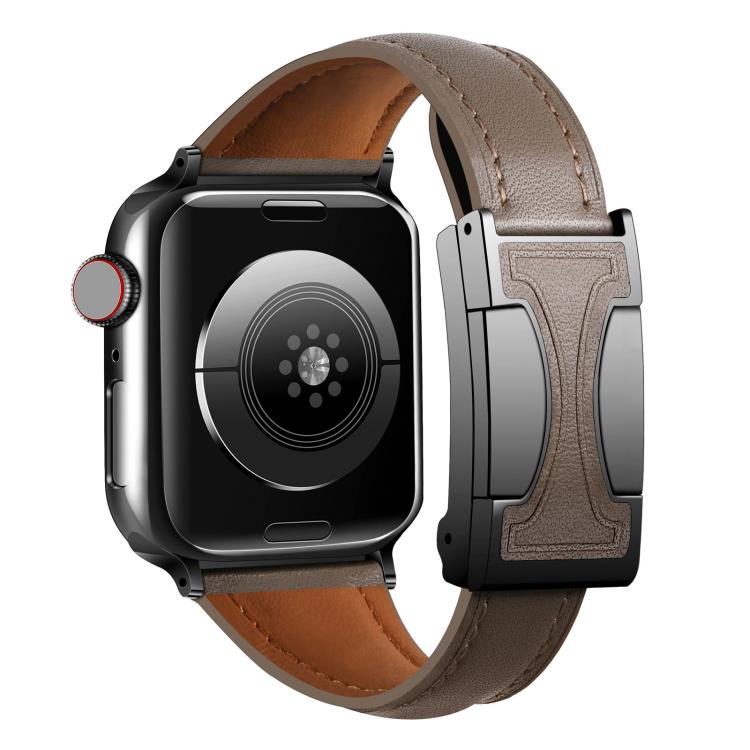 

For Apple Watch 46mm / 49mm / 45mm / 44mm Magnetic Buckle Small Waist Plain Genuine Leather Watch Band(Dark Brown)