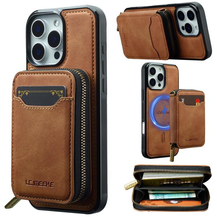 

For iPhone 16 Pro Max LC.IMEEKE L6 Series Zipper Card Bag MagSafe Magnetic Phone Case(Brown)