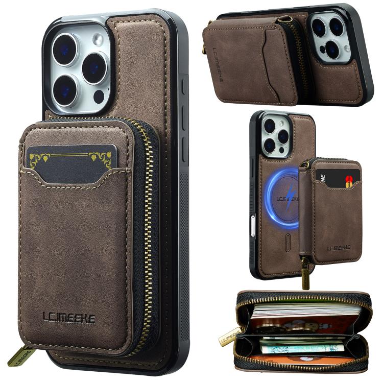 

For iPhone 15 Pro Max LC.IMEEKE L6 Series Zipper Card Bag MagSafe Magnetic Phone Case(Coffee)