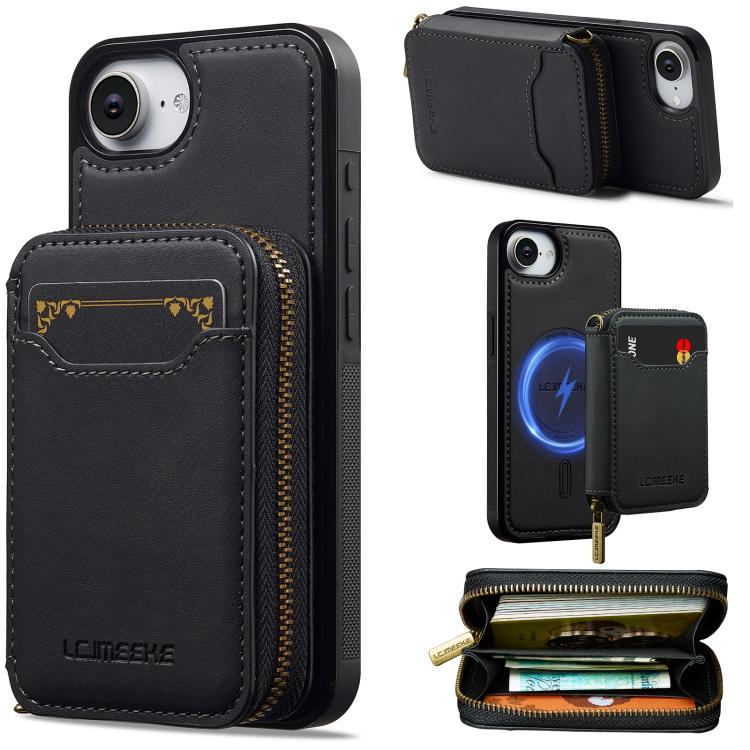 

For iPhone 16e LC.IMEEKE L6 Series Zipper Card Bag MagSafe Magnetic Phone Case(Black)