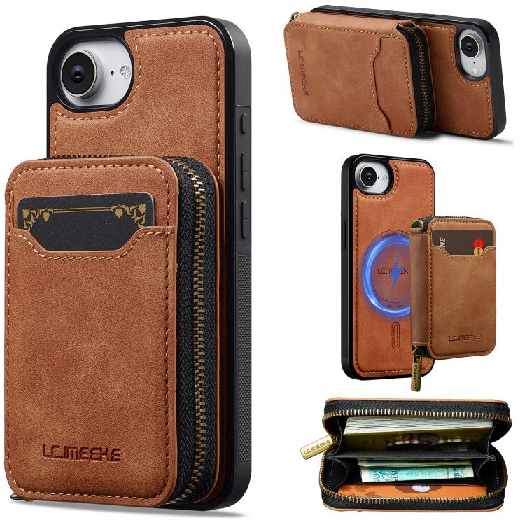 

For iPhone 16e LC.IMEEKE L6 Series Zipper Card Bag MagSafe Magnetic Phone Case(Brown)