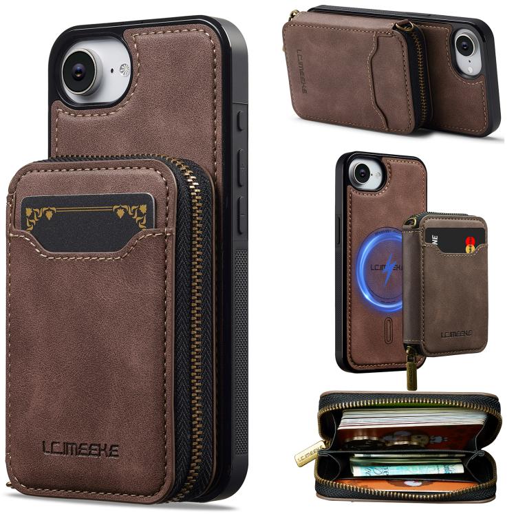 

For iPhone 16e LC.IMEEKE L6 Series Zipper Card Bag MagSafe Magnetic Phone Case(Coffee)