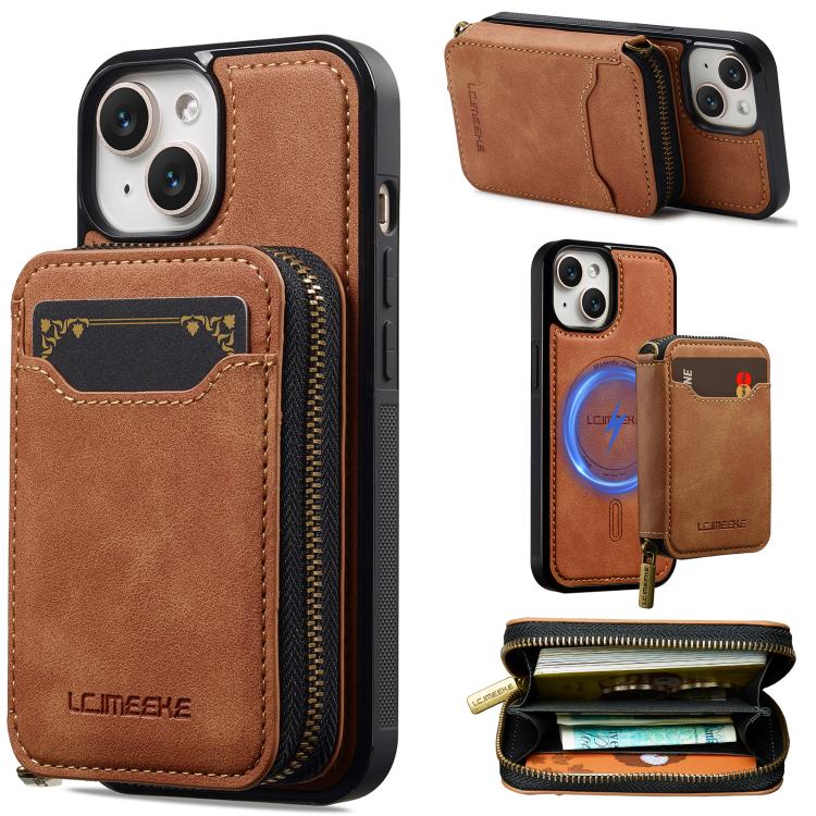 

For iPhone 15 LC.IMEEKE L6 Series Zipper Card Bag MagSafe Magnetic Phone Case(Brown)