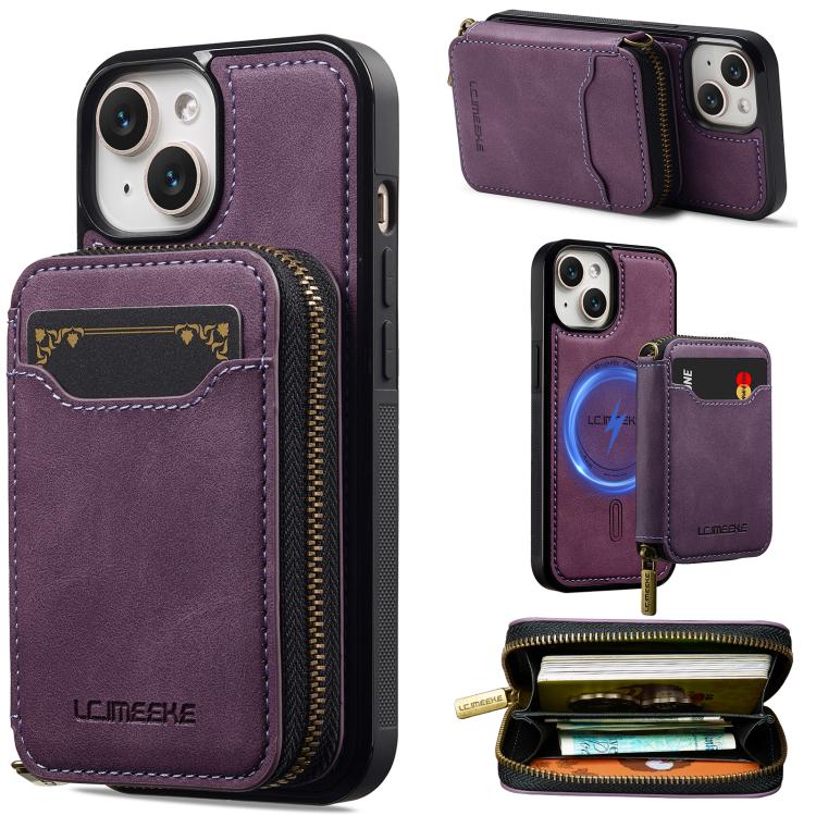 

For iPhone 14 LC.IMEEKE L6 Series Zipper Card Bag MagSafe Magnetic Phone Case(Purple)