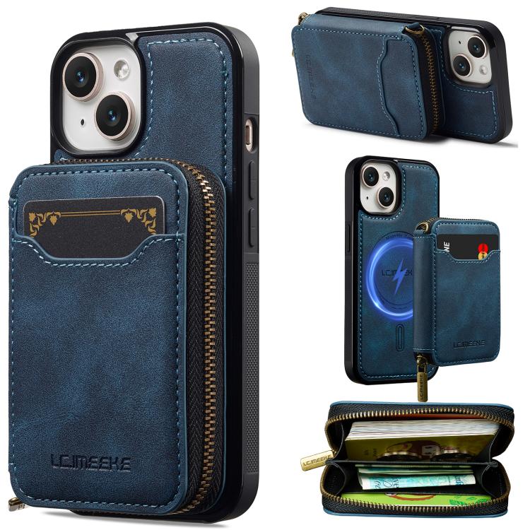 

For iPhone 13 LC.IMEEKE L6 Series Zipper Card Bag MagSafe Magnetic Phone Case(Blue)