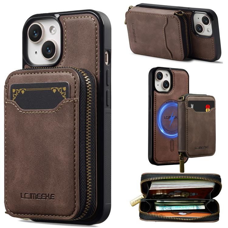 

For iPhone 15 Plus LC.IMEEKE L6 Series Zipper Card Bag MagSafe Magnetic Phone Case(Coffee)