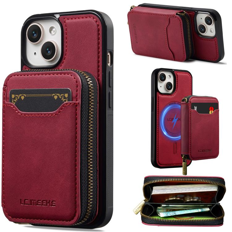 

For iPhone 14 Plus LC.IMEEKE L6 Series Zipper Card Bag MagSafe Magnetic Phone Case(Red)