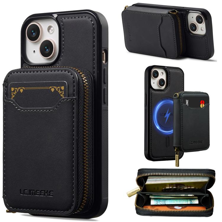 

For iPhone 13 mini LC.IMEEKE L6 Series Zipper Card Bag MagSafe Magnetic Phone Case(Black)