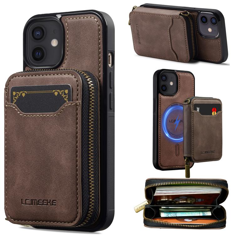 

For iPhone 12 / 12 Pro LC.IMEEKE L6 Series Zipper Card Bag MagSafe Magnetic Phone Case(Coffee)