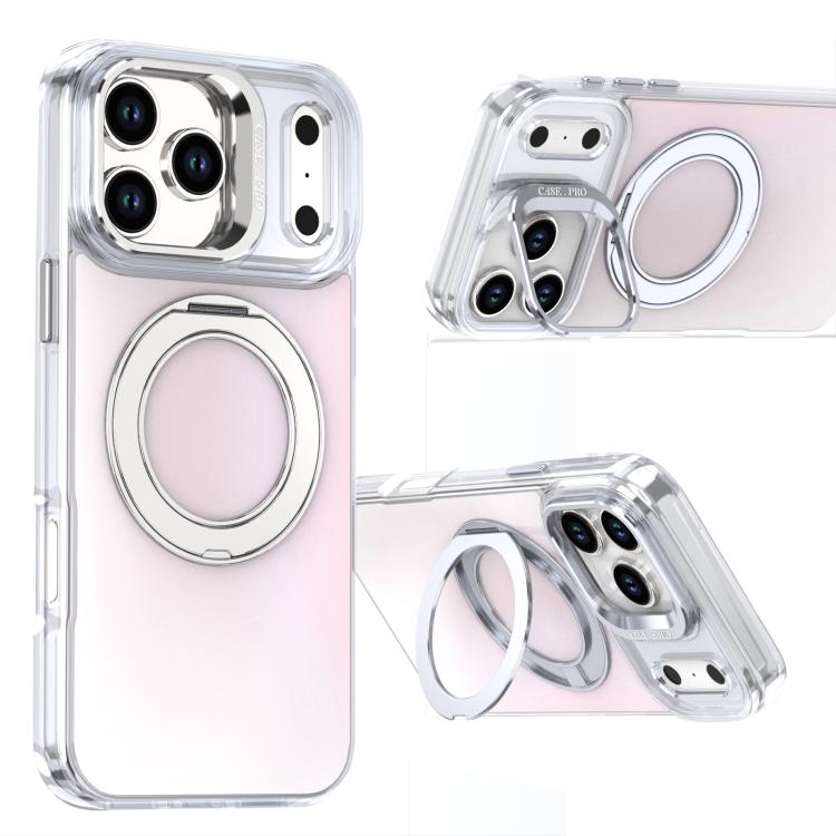 

For iPhone 17 Pro Max Gradient Discolor Rotating Holder Lens Kickstand Magsafe Phone Case(White)